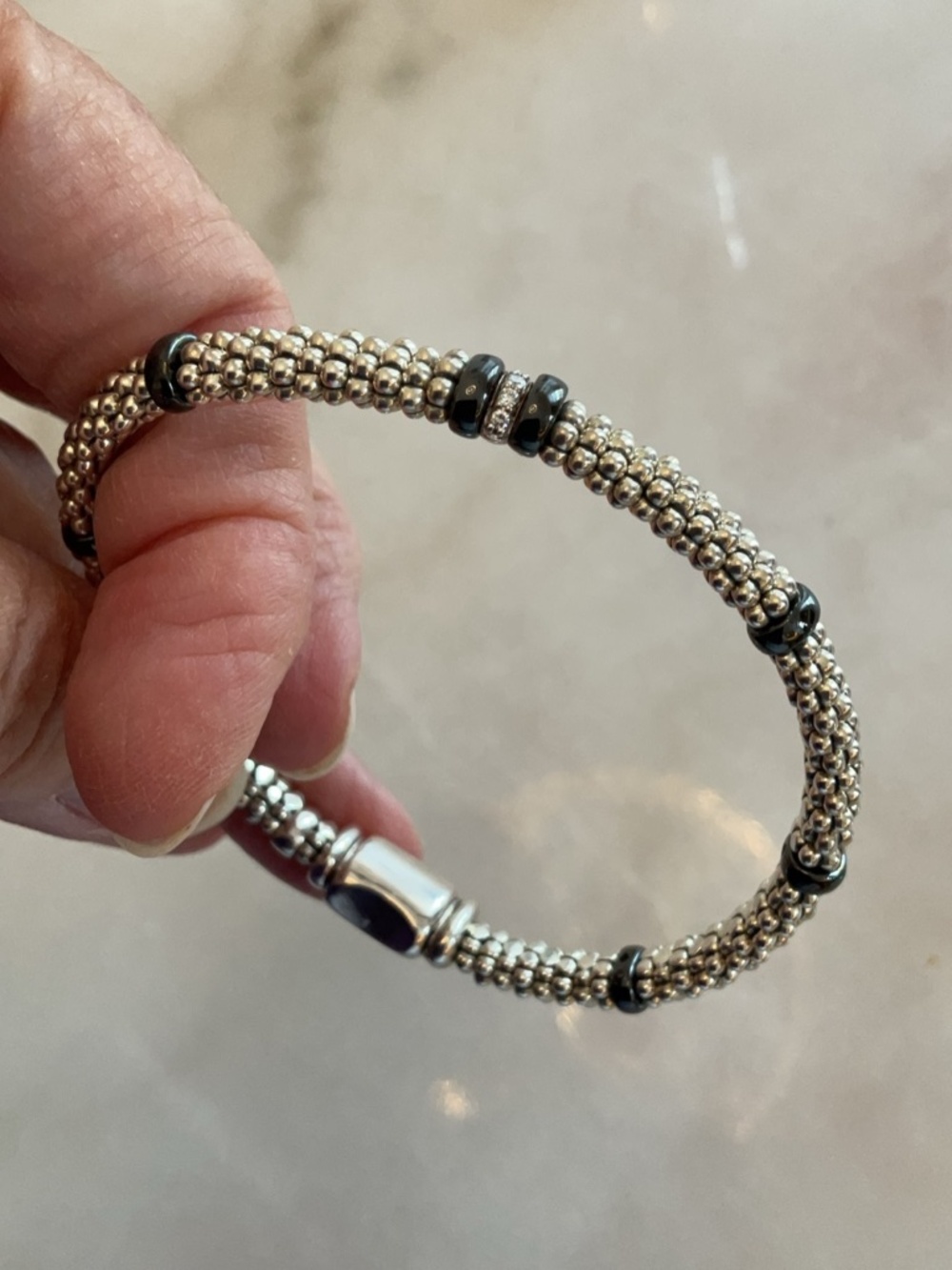 Lagos Silver caviar, black ceramic diamond bracelet